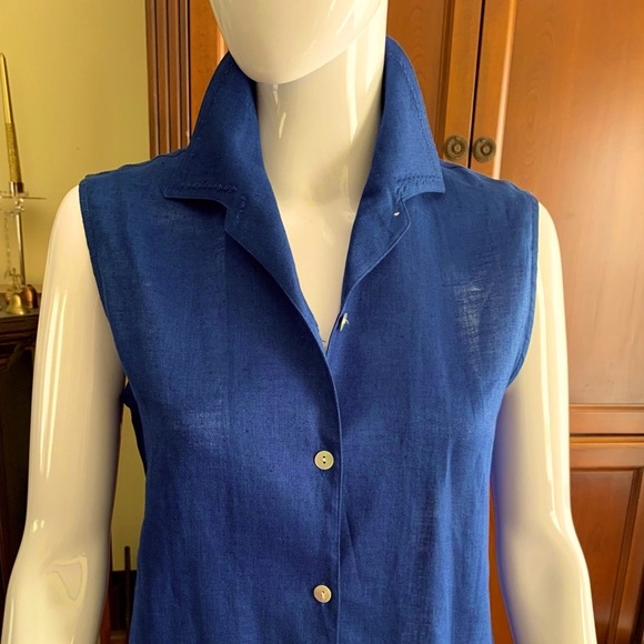 Royal Blue 100% linen button-up shirt mother-of-pearl buttons embroidered collar - Picture 2 of 16